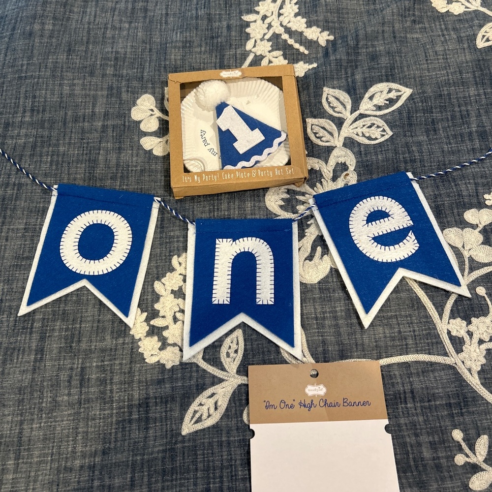 Mudpie first birthday hat, plate, and high chair banner